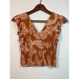 Paper Crane Paisley Crop Top XS Rust Boho Ruffle Sleeve Smocked